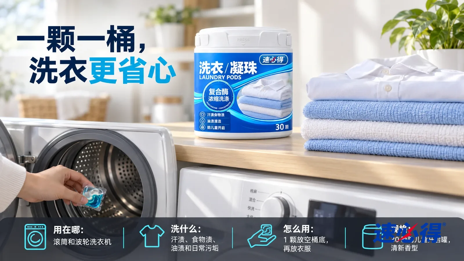 示意图：速必得洗衣凝珠合好盖子居中站在高处置物架上，旁边一叠洗净叠好的白衬衫和浅蓝色毛巾，身后干净的洗衣间向画面深处柔和虚化