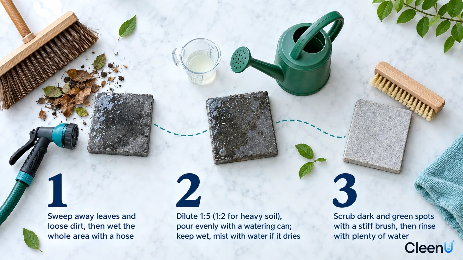 Illustration: A broom, leaves, hose nozzle, watering can and stone samples with numbered steps.