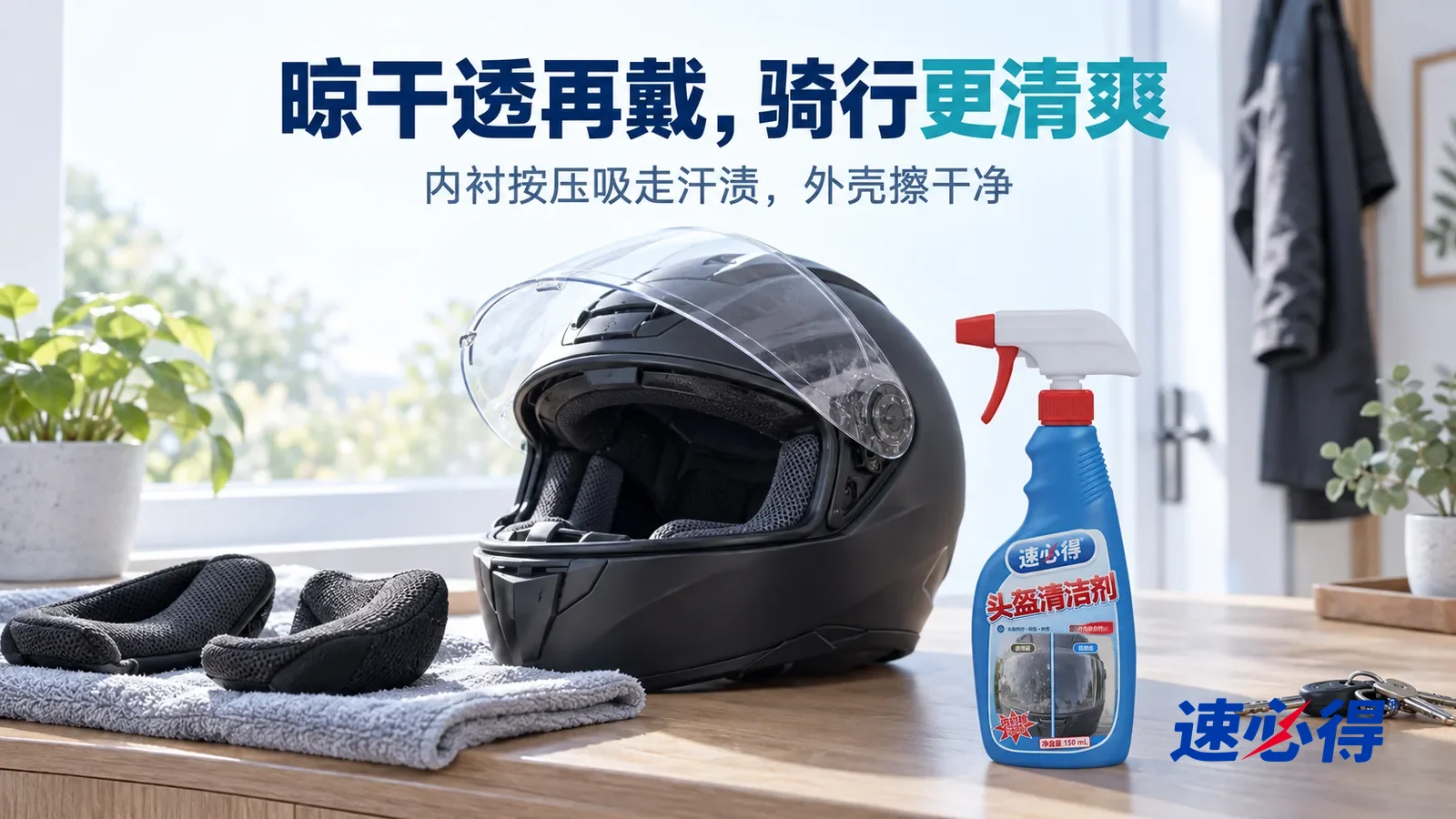 示意图：速必得头盔清洁剂——清晨明亮的玄关，一顶干净的黑色摩托车全盔（无品牌标志）放在窗边的柜面上，面罩掀起，取下的一对颊垫平放在旁边的毛巾上晾着，标题“晾干透再戴，骑行更清爽”