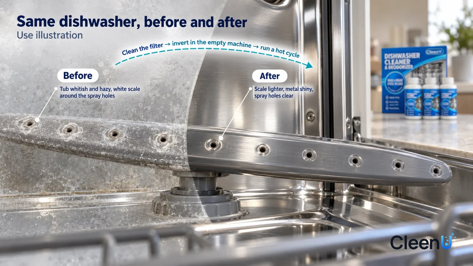Illustration: CleenU Dishwasher Cleaner & Deodorizer — A full-screen low-angle close-up of an open dishwasher's stainless-steel side wall and spray arm in the same raking light