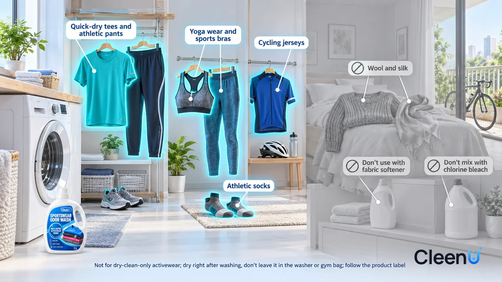 Illustration: CleenU Sportswear Odor Wash — A realistic 3D cutaway of a bright home's laundry room, bedroom, and balcony, one continuous space from one viewpoint, no bottle