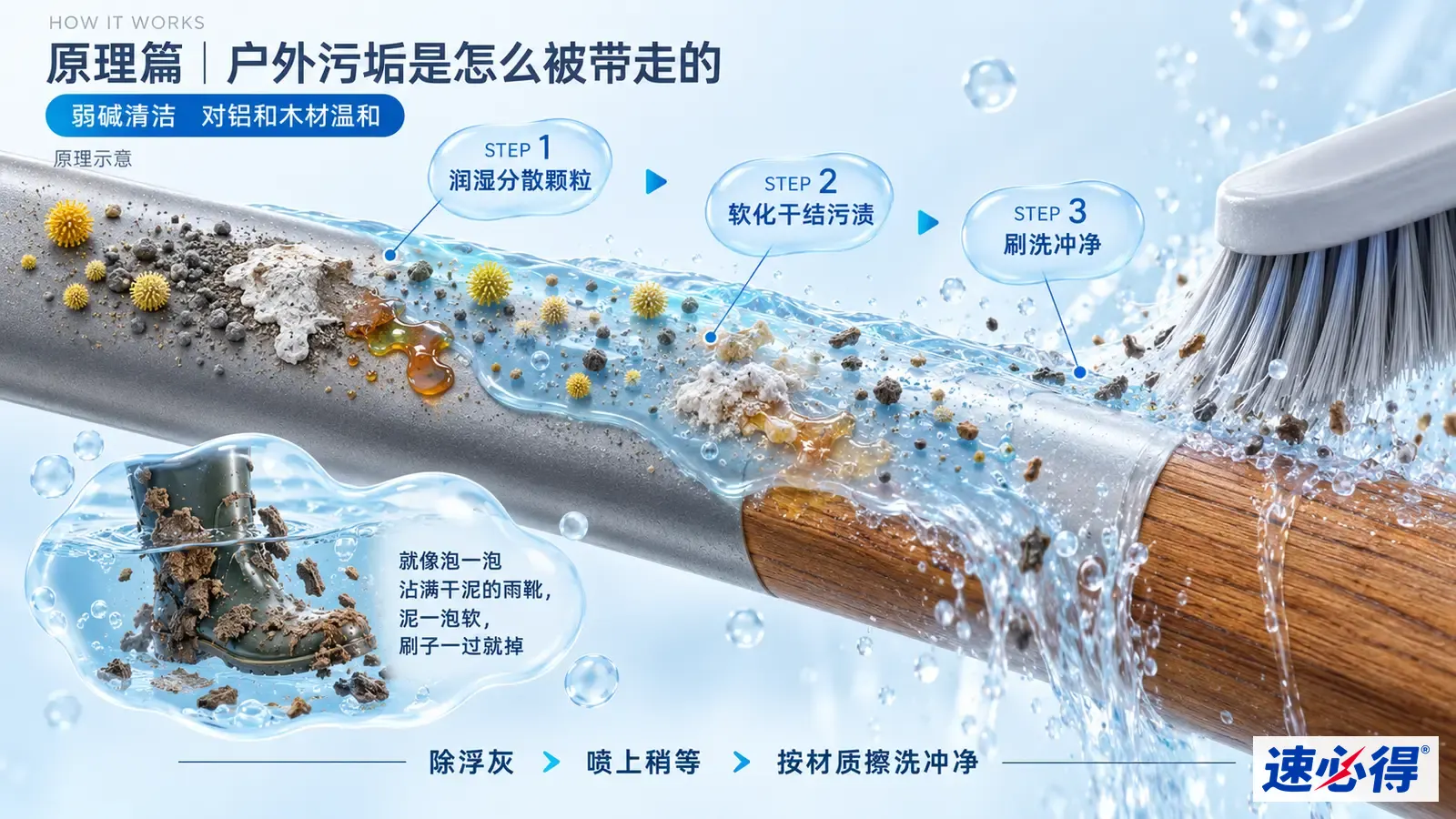 示意图：金属及木材表面剖面上的污垢颗粒、水流和刷毛。
