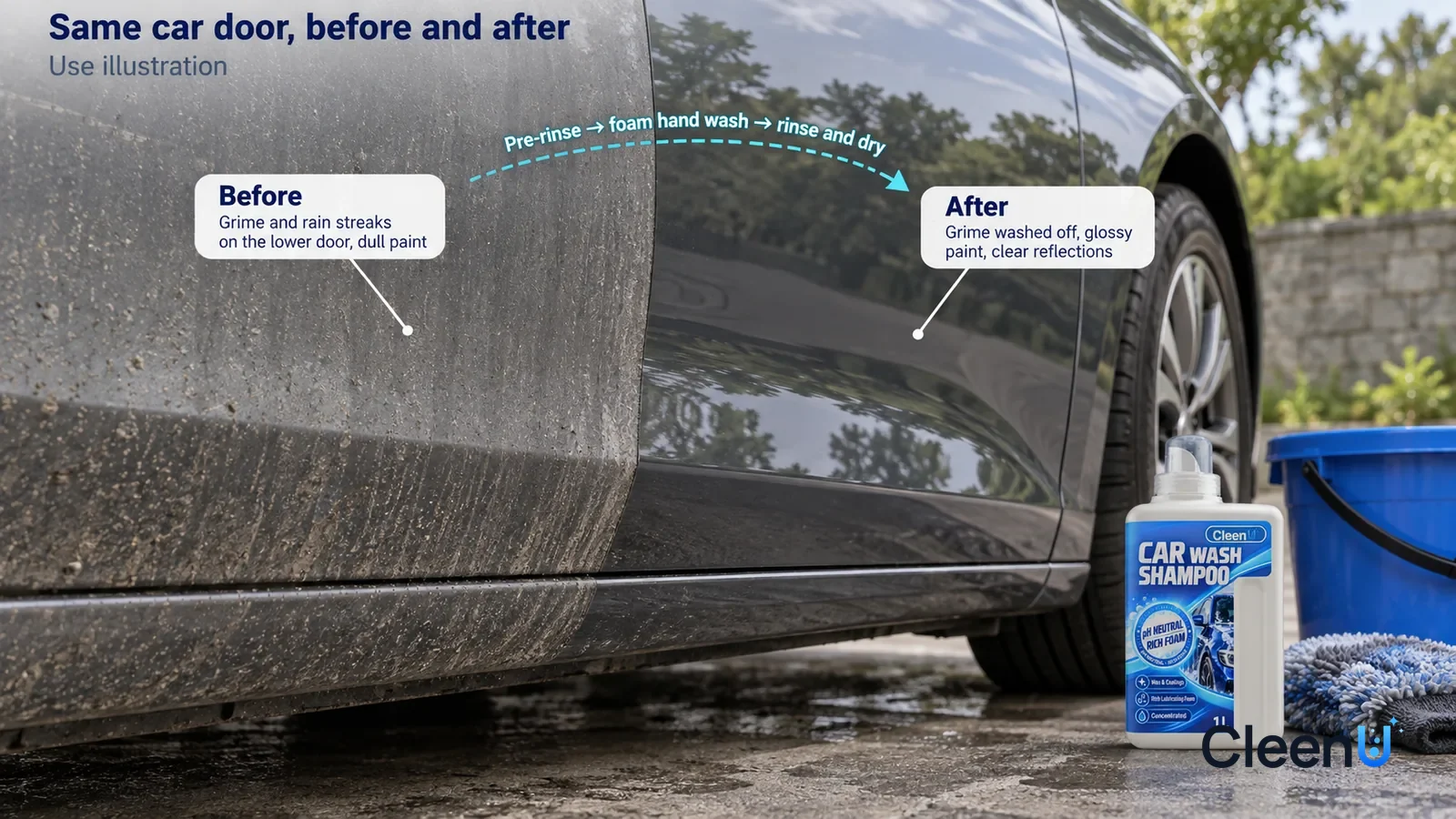 Illustration: CleenU Car Wash Shampoo — A full-screen low-angle close-up of the lower half of a dark grey car door in the same side light
