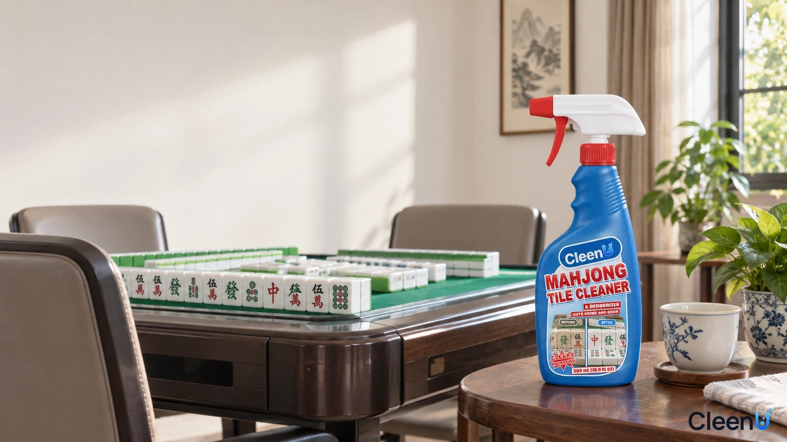 Illustration: A blue cleaner bottle on a small table beside a mahjong table near a window.