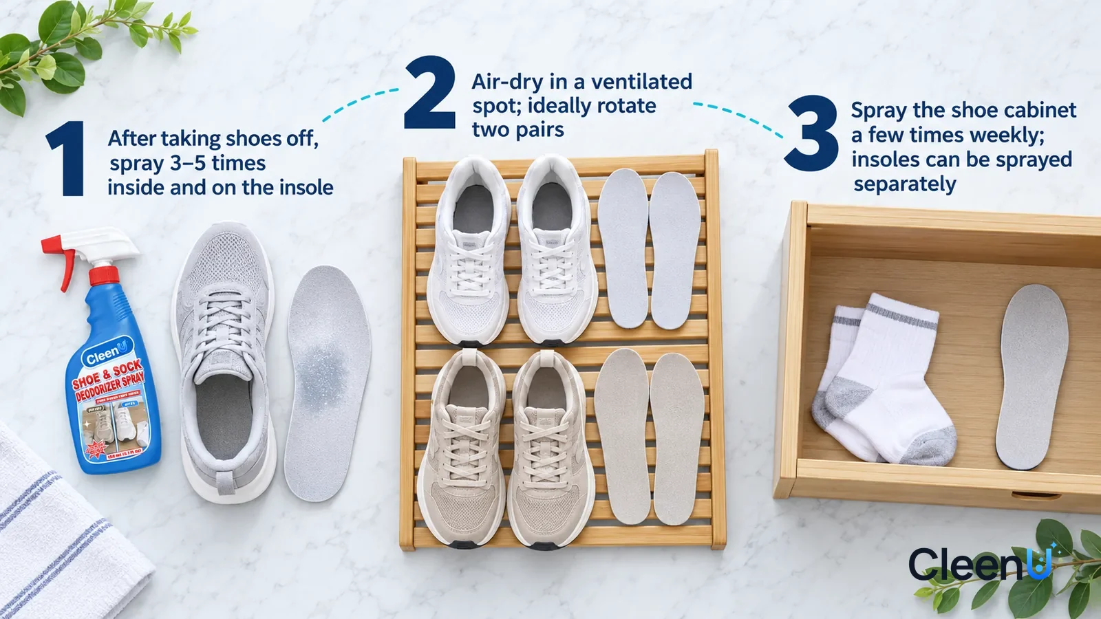 Illustration: CleenU Shoe & Sock Deodorizer Spray — an overhead shot straight down onto a light marble tabletop, no hands: (1) a light grey sneaker (no brand marks) with its opening wide and i