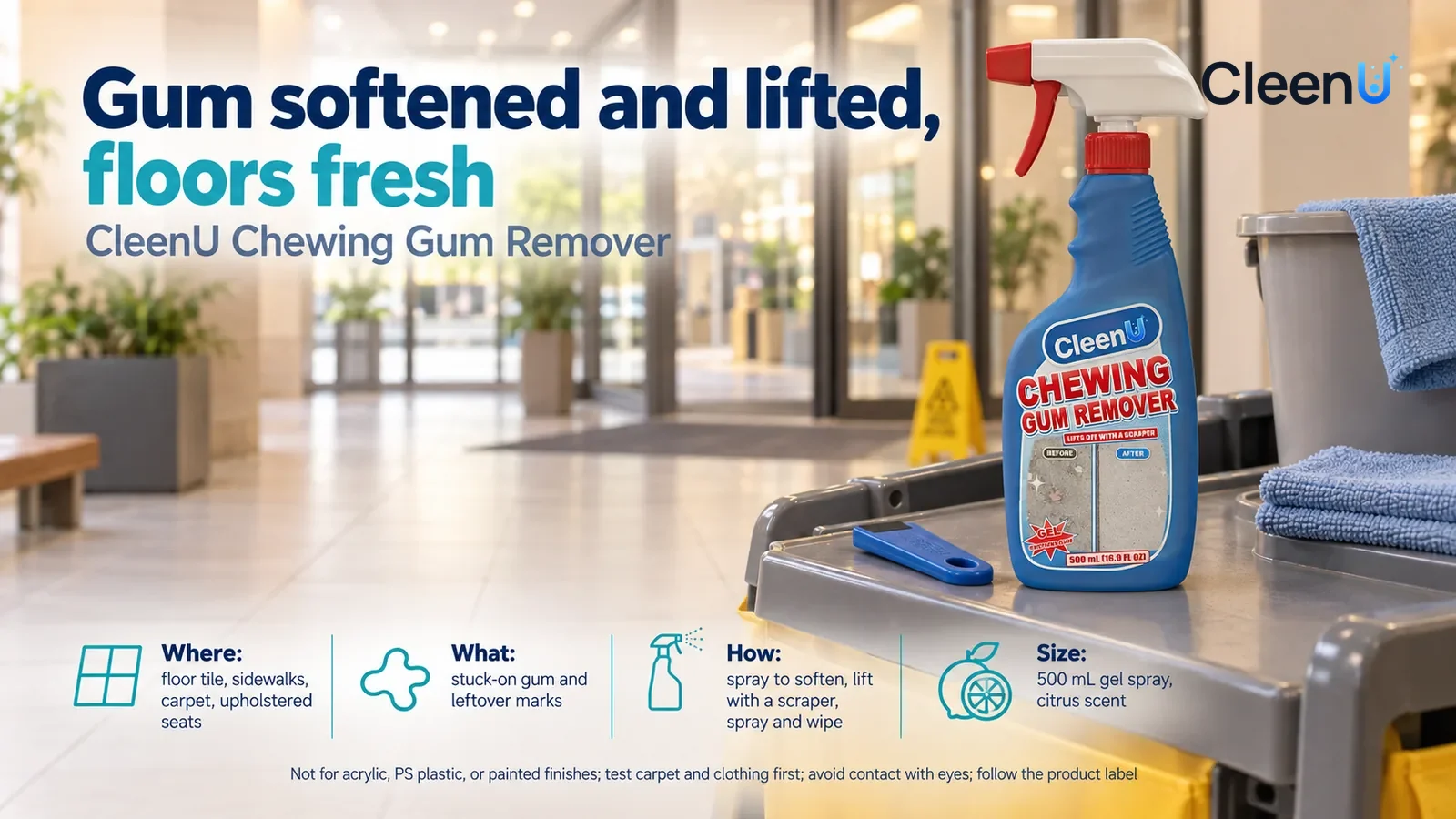 Illustration: CleenU Chewing Gum Remover stands in the right third of the frame on the janitor's cart top, a blue plastic scraper beside it Headline: "Gum softened and lifted, floors fresh"