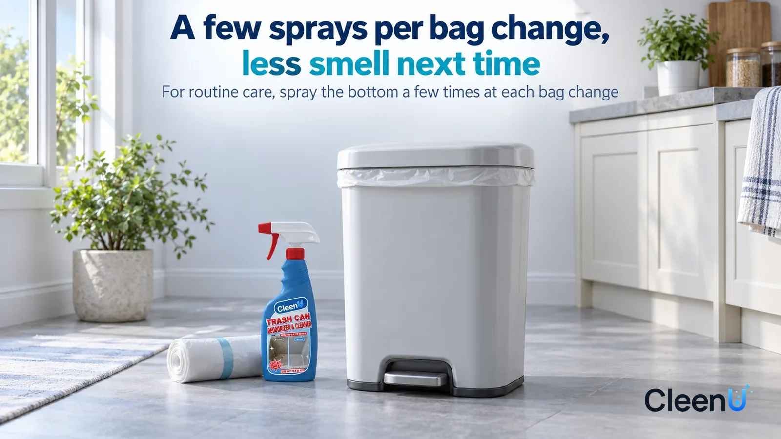 Illustration: CleenU Trash Can Deodorizer & Cleaner — A bright morning kitchen, a clean pale grey step-on trash can with its lid closed and a new bag fitted inside Headline: "A few sprays per bag chan