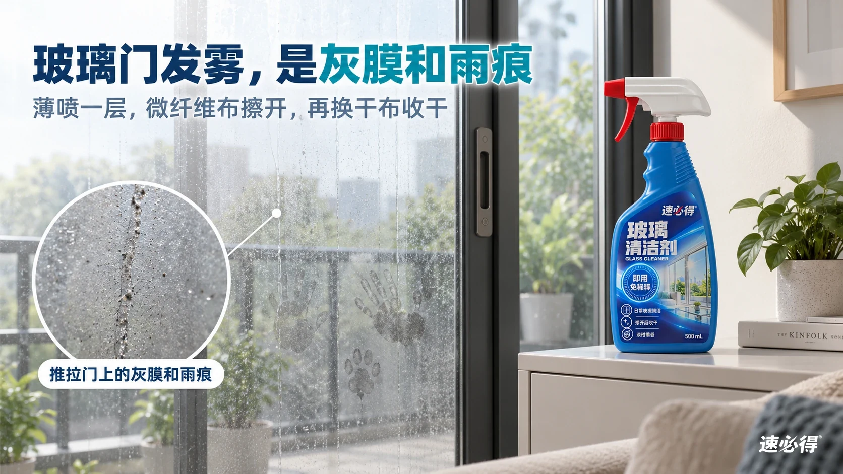 玻璃推拉门灰膜和雨痕的放大示意,旁边摆放本品。