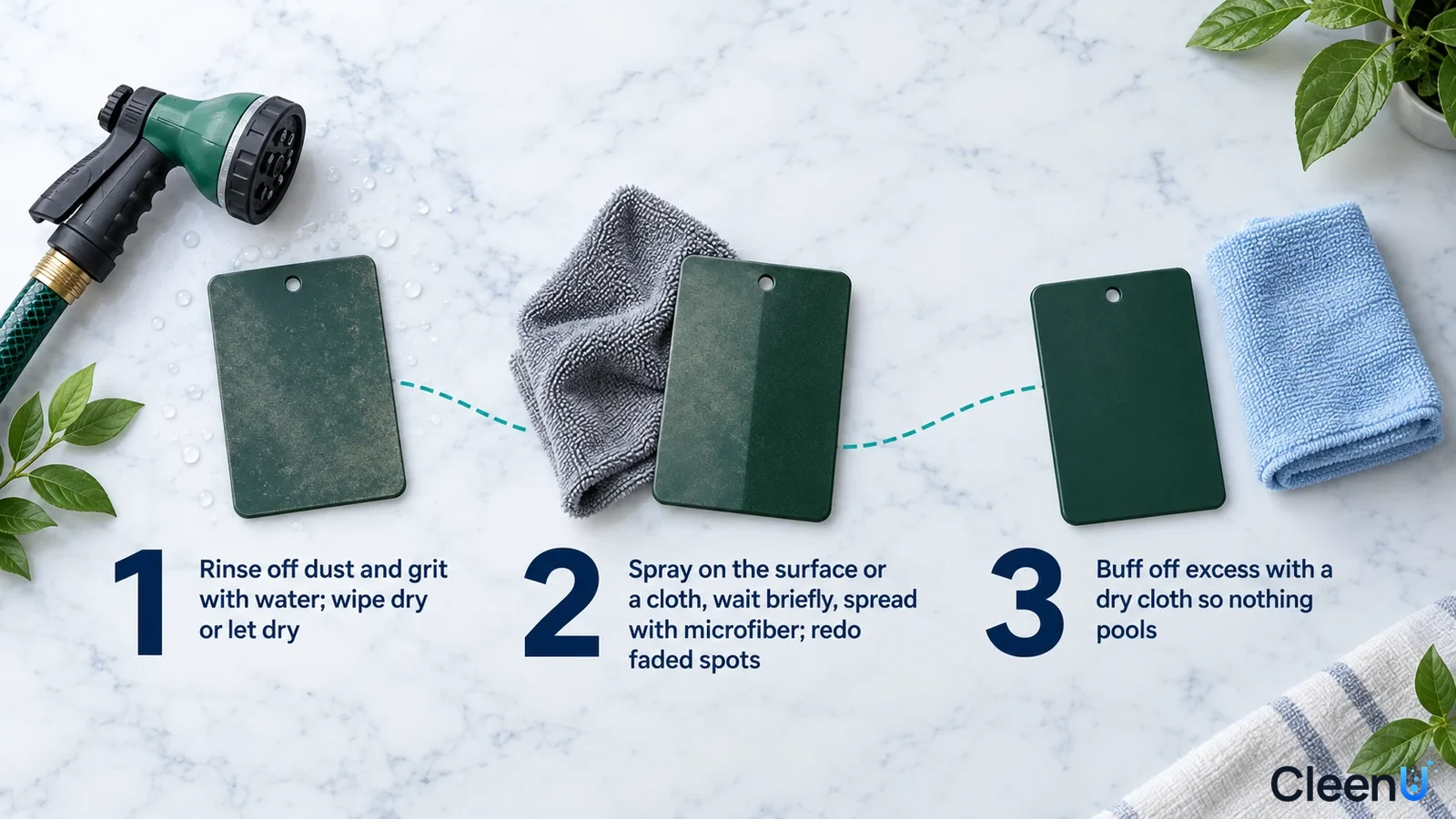 Illustration: A hose nozzle, green plastic samples and cloths with numbered treatment steps.