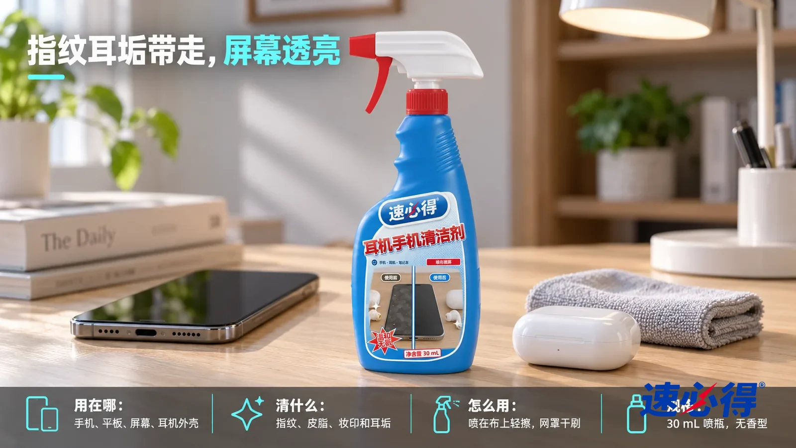 示意图：速必得耳机手机清洁剂居中站在书桌桌面上，旁边一块叠好的浅灰色超细纤维布和一只合上的白色耳机充电盒（无标志）
