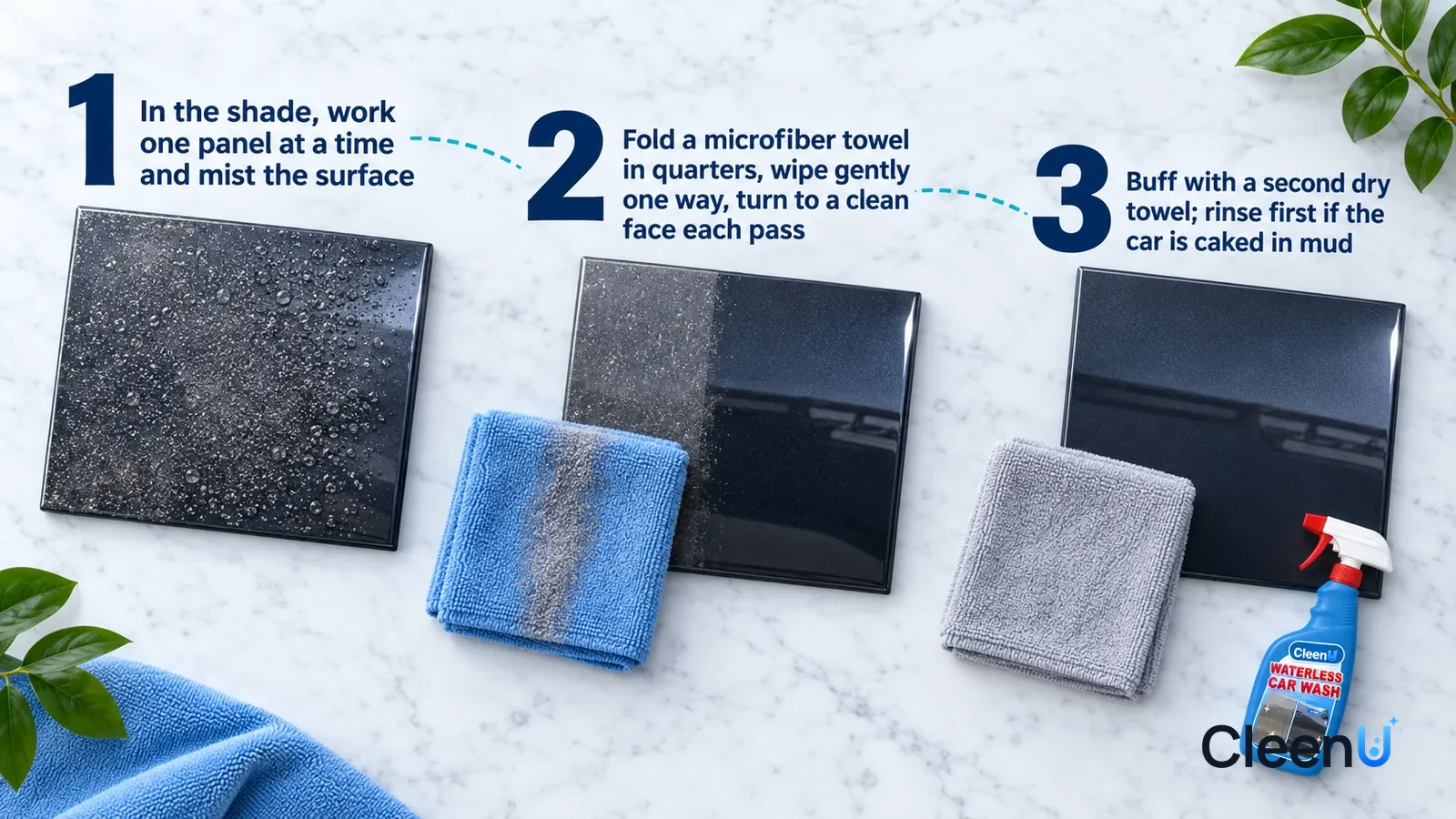 Illustration: CleenU Waterless Car Wash — an overhead shot straight down onto a light marble tabletop, no bottle and no hands: (1) a dusty dark paint panel