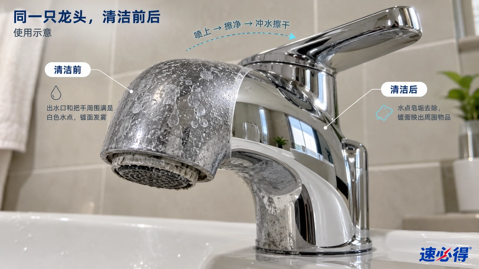 示意图：镀铬水龙头的水斑区域与较洁净区域对照，非实测照片。