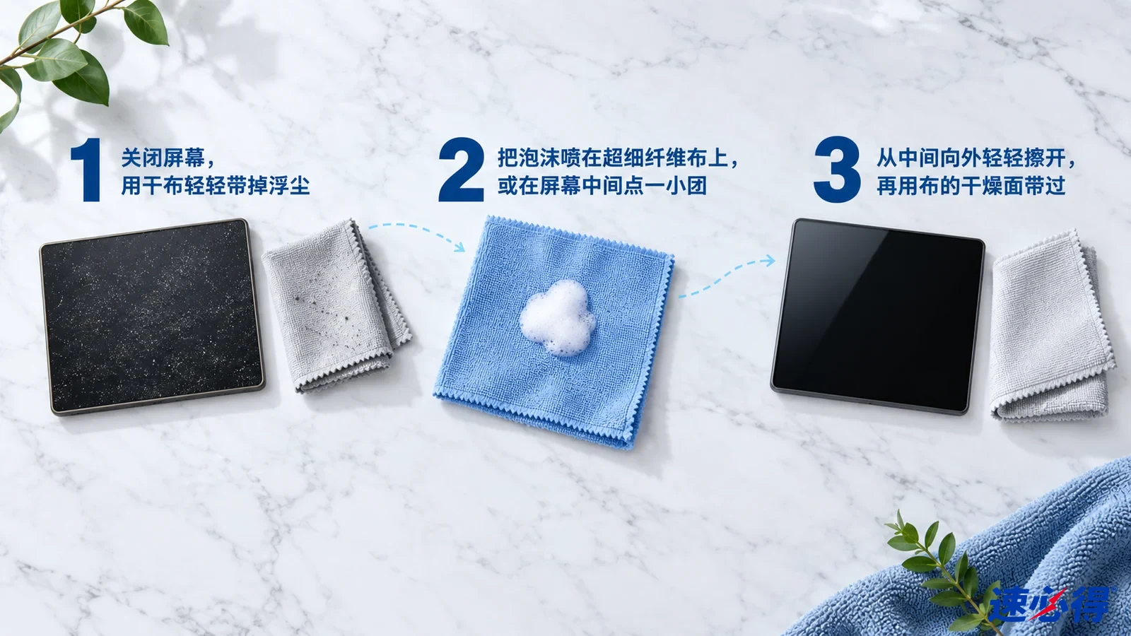 示意图：黑色屏幕样片、灰布和带白色泡沫的蓝布，配有编号步骤。