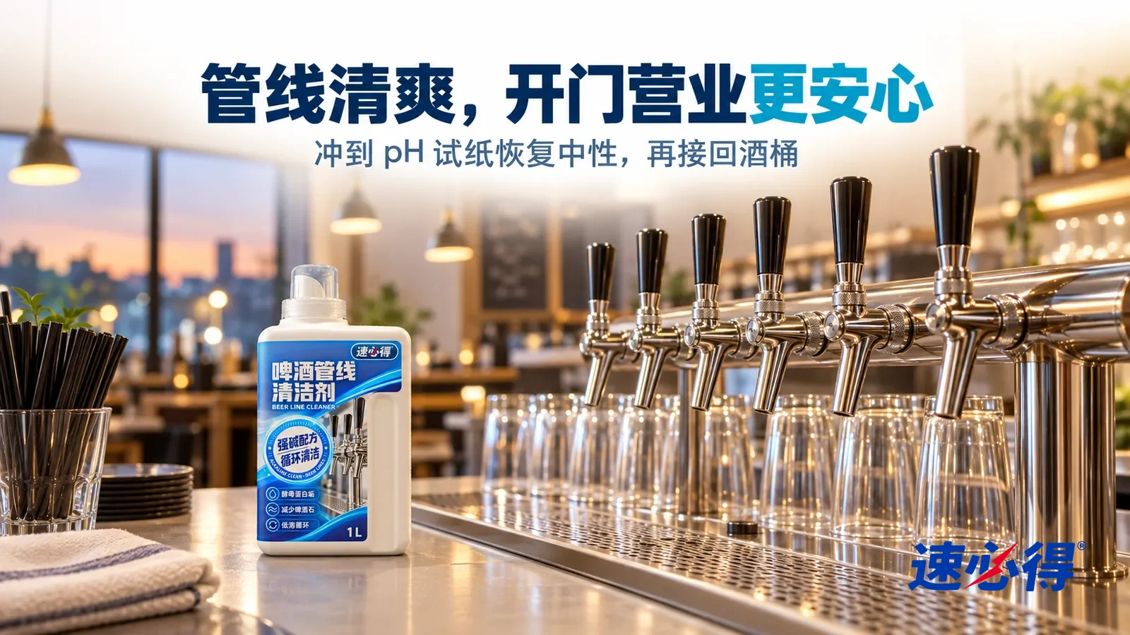 示意图：速必得啤酒管线清洁剂——傍晚开门前的餐厅酒吧，一排没有任何标志的不锈钢酒头擦得锃亮，下方接酒槽干净，一排倒扣的素面玻璃杯整齐摆在吧台上，暖色吊灯和窗外天光柔和，标题“管线清爽，开门营业更安心”
