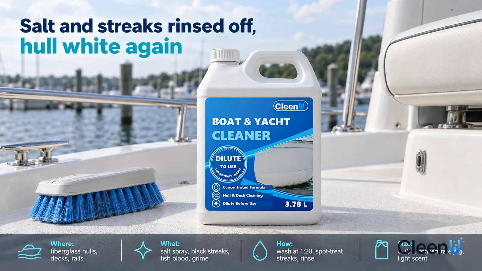 Illustration: CleenU Boat & Marine Cleaner — Outdoors, on the deck of a small white boat moored at a dock (no name, hull number, or brand marks): a clean white non-skid deck