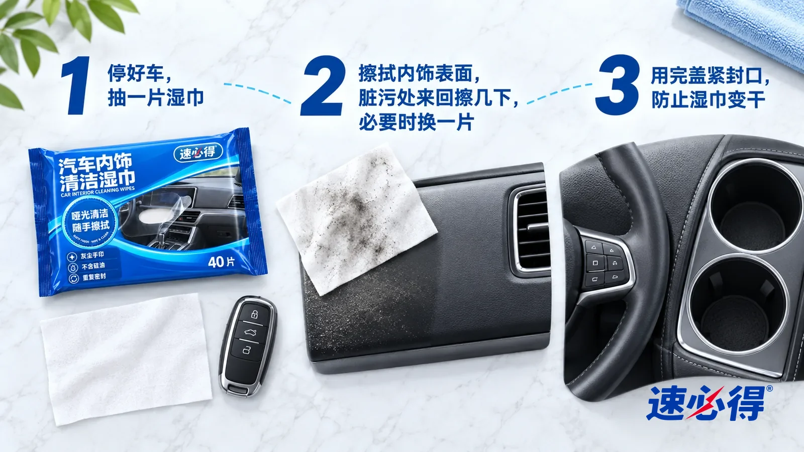 示意图：速必得汽车内饰清洁湿巾——① 一张刚抽出、展开的白色湿巾和一把放在杯架旁的车钥匙（没有车标）；② 一张沾上灰色浮灰的湿巾