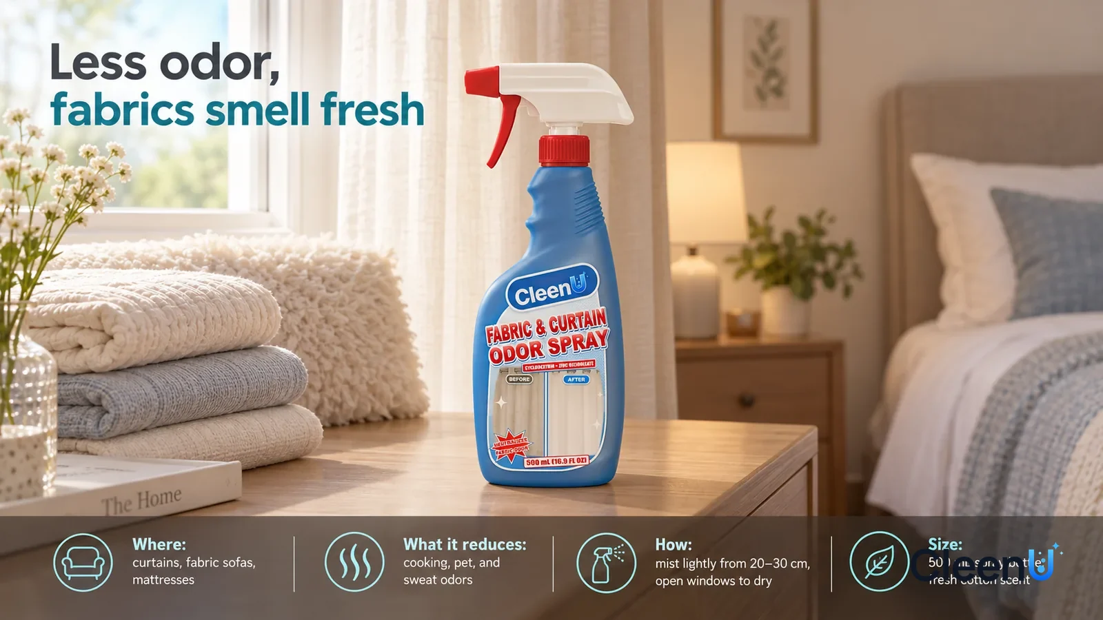 Illustration: CleenU Fabric & Curtain Odor Spray stands centered on the dresser by the window, a stack of folded light bedding and a fluffy cushion beside it