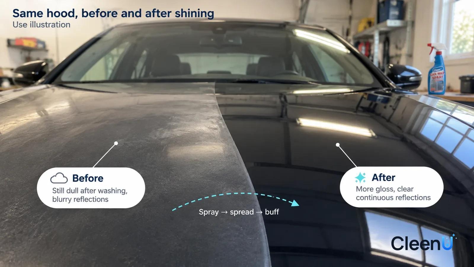Illustration: CleenU Car Wax Spray — A full-screen low-angle close-up of a dark sedan's hood (no badge, no plate showing) in the same soft garage side light