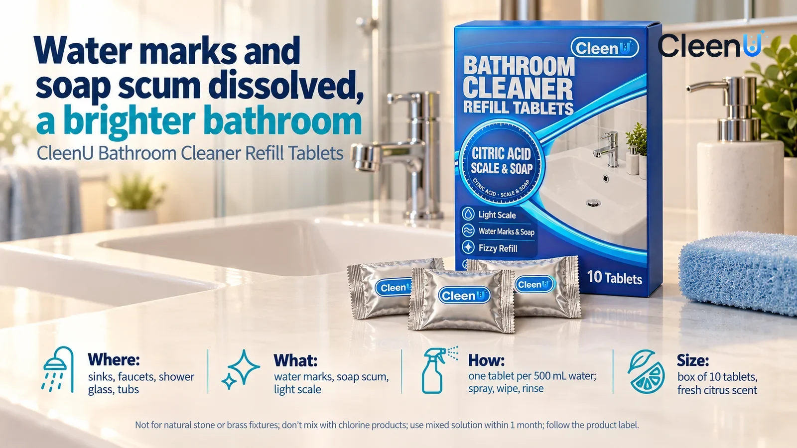 Illustration: CleenU Bathroom Cleaner Refill Tablets stands upright on the bathroom vanity, three silver sachets in front of the box, a pale blue sponge beside it Headline: "Water marks and soap scum