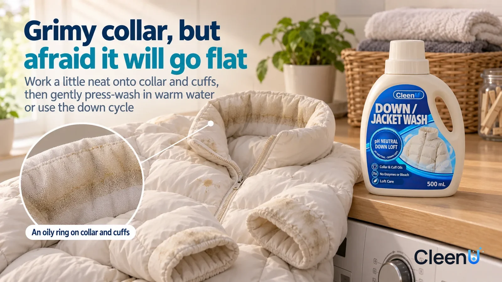 Illustration: CleenU Down Jacket Wash — A bright home laundry room, a light-colored down jacket with no brand marks laid flat on the counter beside the washer; in raking side light Headline: "Grimy co