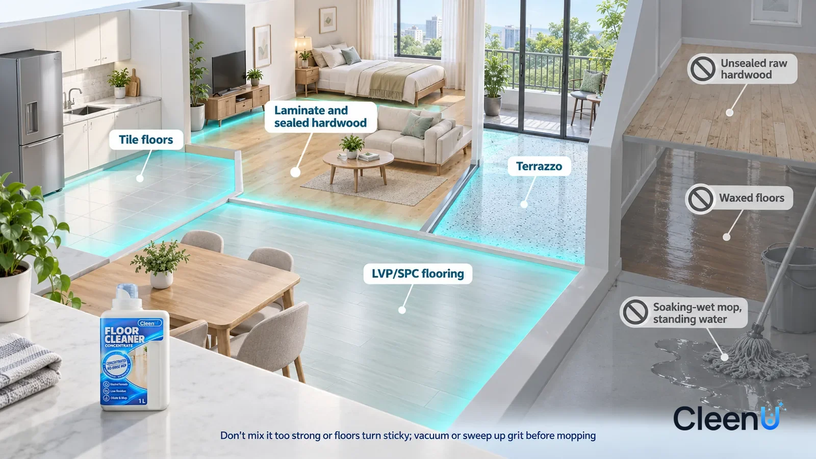 Illustration: CleenU Floor Cleaner Concentrate — A realistic 3D cutaway of a bright home's kitchen, living room, bedroom, and balcony, one continuous space from one viewpoint