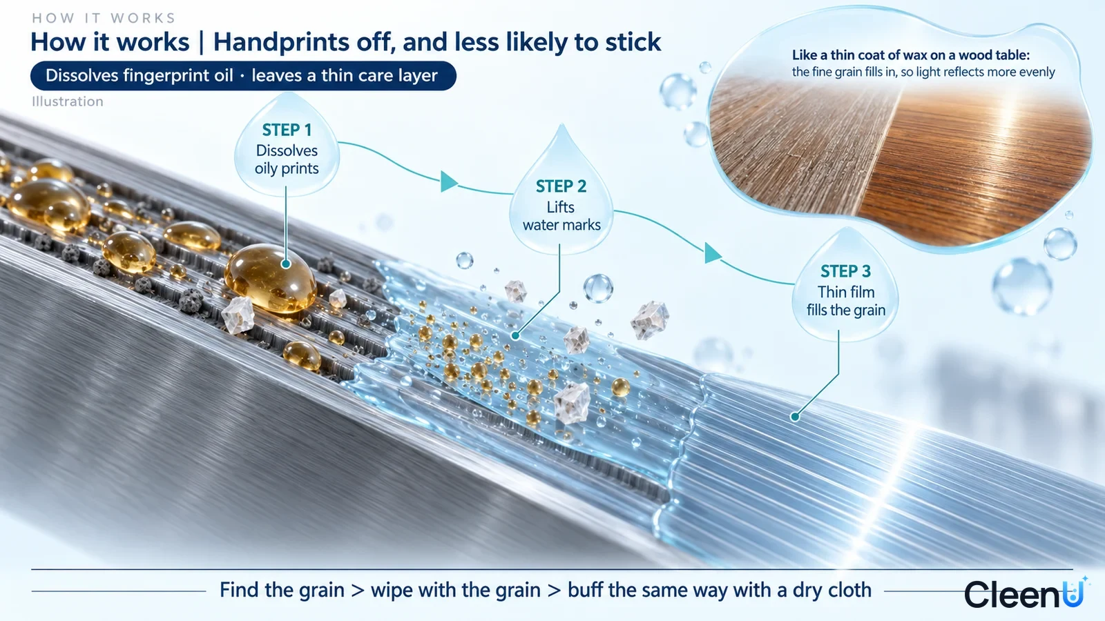 Illustration: A cross-section of brushed metal grain with particles, drops and a cloth.