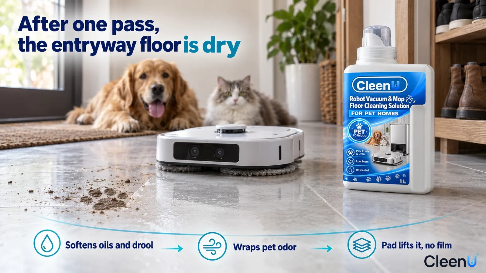 Illustration: A robot mop, muddy paw prints and white cleaning-solution bottle beside a cat and dog.