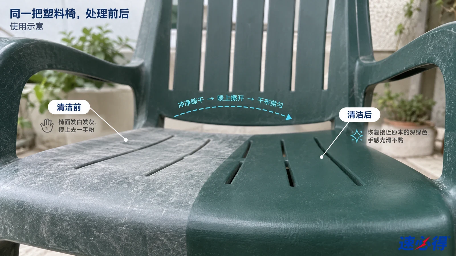 示意图:绿色塑料椅的灰白区域与深绿区域对照,非实测照片。