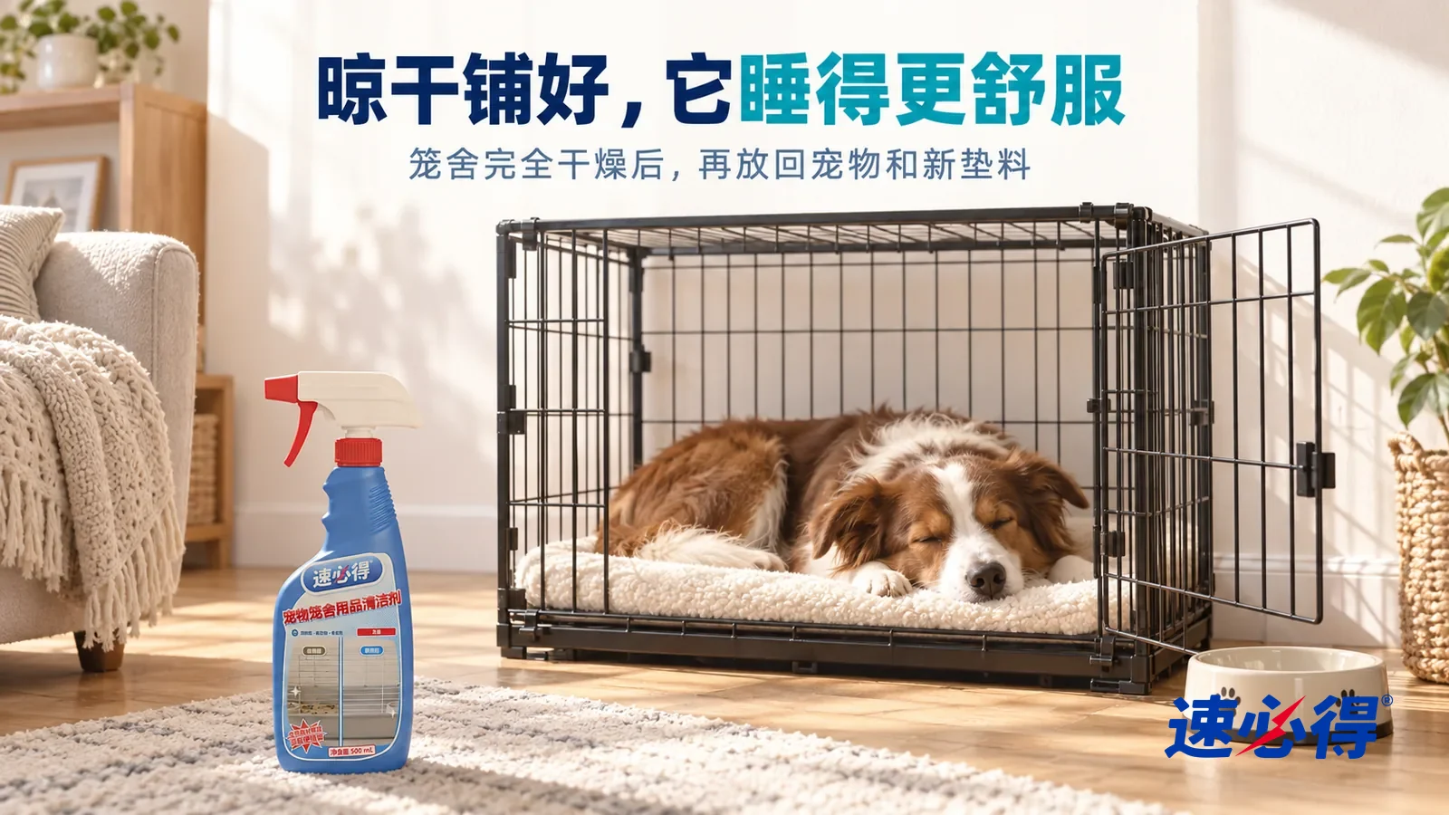 示意图：速必得宠物笼舍用品清洁剂——午后明亮的客厅一角，一只干净的狗笼门敞开，里面铺着一块新的浅色软垫，一只中型犬安静地趴在垫子上打盹，旁边一只干净的食盆，柔和阳光斜照进来，标题“晾干铺好，它睡得更舒服”