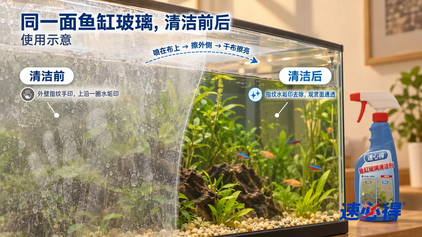 示意图：速必得鱼缸玻璃清洁剂——整屏一面水草鱼缸前玻璃的低角度大近景，同一侧光，不出现人手：没处理的一侧玻璃外侧布满指纹、手掌印和白色水渍点