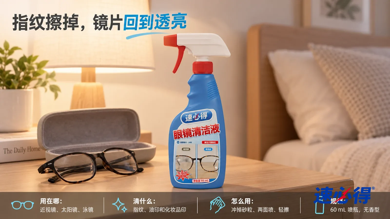 示意图：速必得眼镜清洁液居中站在床头柜上，旁边一副折叠放着的黑框眼镜和一只打开的眼镜盒（都没有品牌标志），身后床头台灯和铺好的床向画面深处柔和虚化