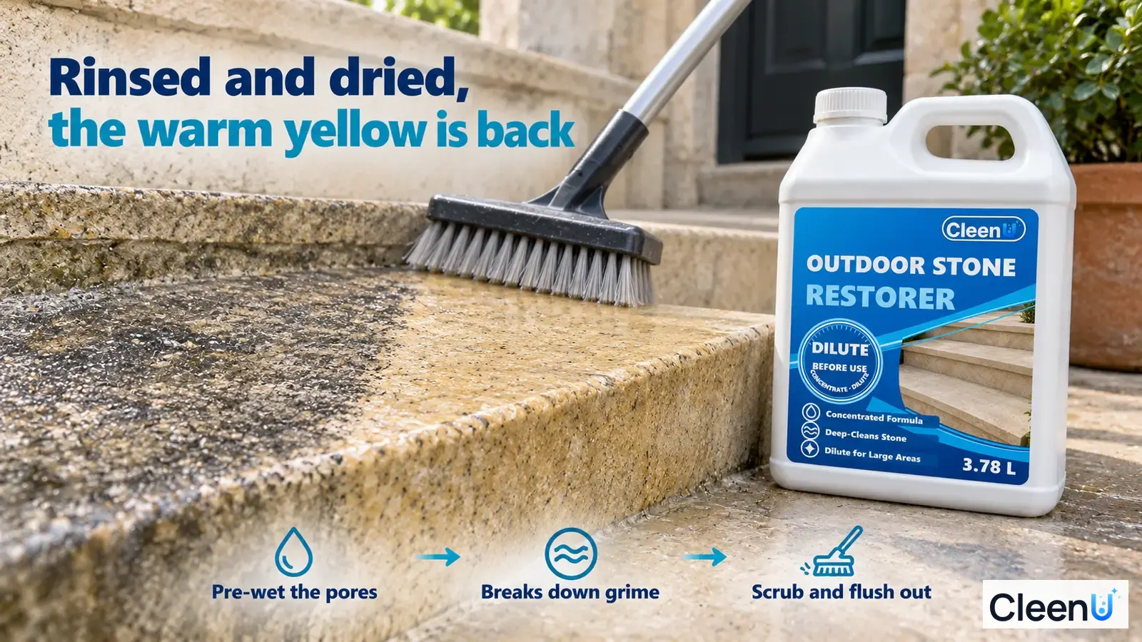 Illustration: A long-handled brush washing gray-black grime on wet stone steps beside a white cleaner jug.