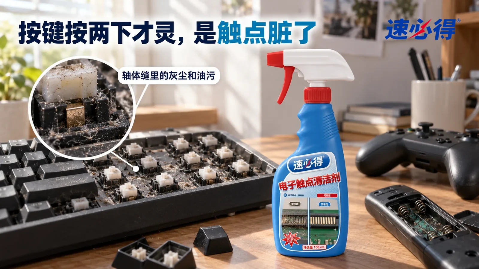 示意图：速必得电子触点清洁剂——一张家常书桌，一把无品牌标志的机械键盘拔掉了数据线、取下几颗键帽放在一旁，旁边一只无品牌游戏手柄和一个打开电池仓的遥控器（电池已取出）
