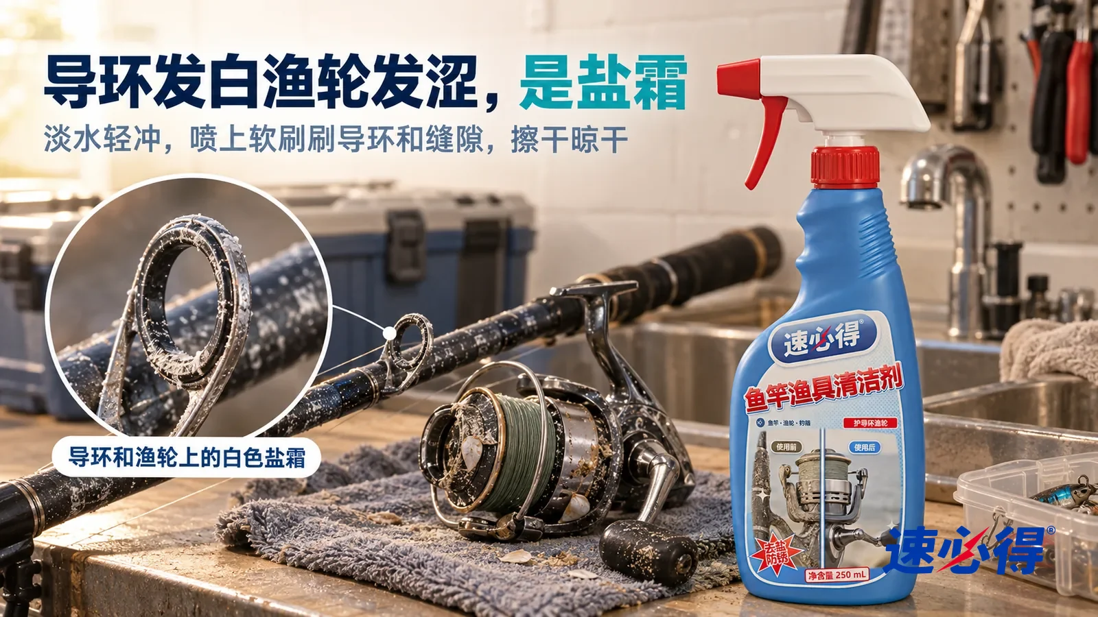 示意图：速必得鱼竿渔具清洁剂——海钓回来的家用车库，工具水池边斜靠着一根收起的碳素路亚竿，一只纺车轮放在旁边的毛巾上（都无品牌标志），侧光下竿身和导环上一层白色盐霜，标题“导环发白渔轮发涩，是盐霜”