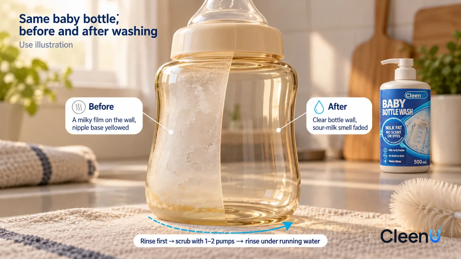 Illustration: CleenU Baby Bottle Wash — A full-screen low-angle close-up of the wall of a pale amber PPSU baby bottle (no brand marks, no numbers), in the same window light