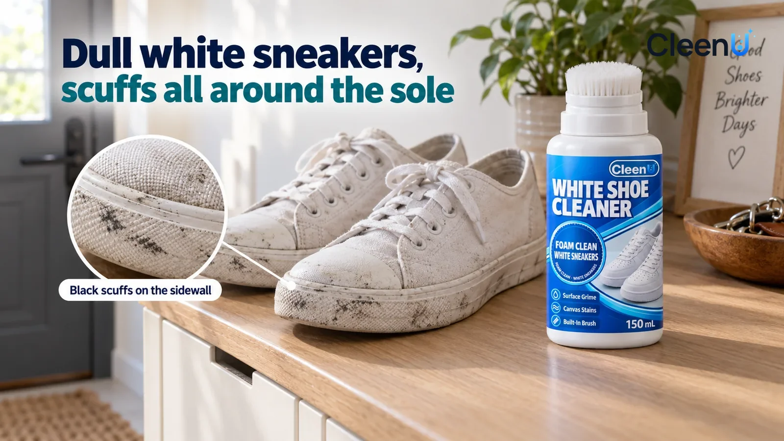 Illustration: CleenU White Shoe Cleaner — An everyday entryway, a pair of white canvas sneakers (no brand marks of any kind) on the shoe-cabinet top; in side light from the window th
