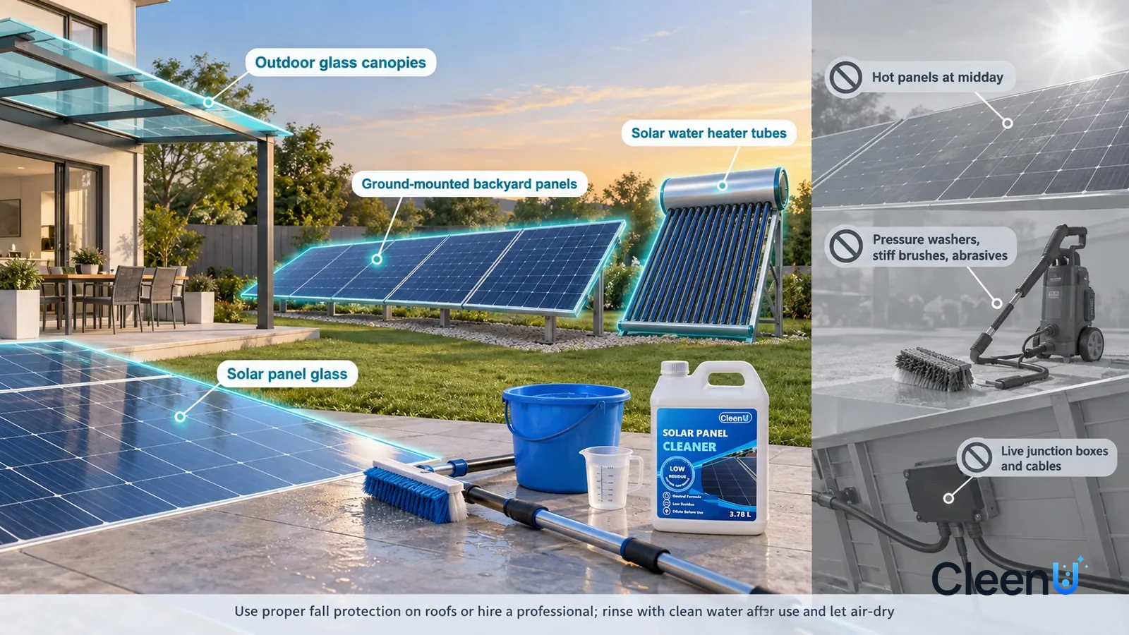 Illustration: CleenU Solar Panel Cleaner — use one backyard with waist-high ground-mounted panels, dark-blue cells and silver grid lines