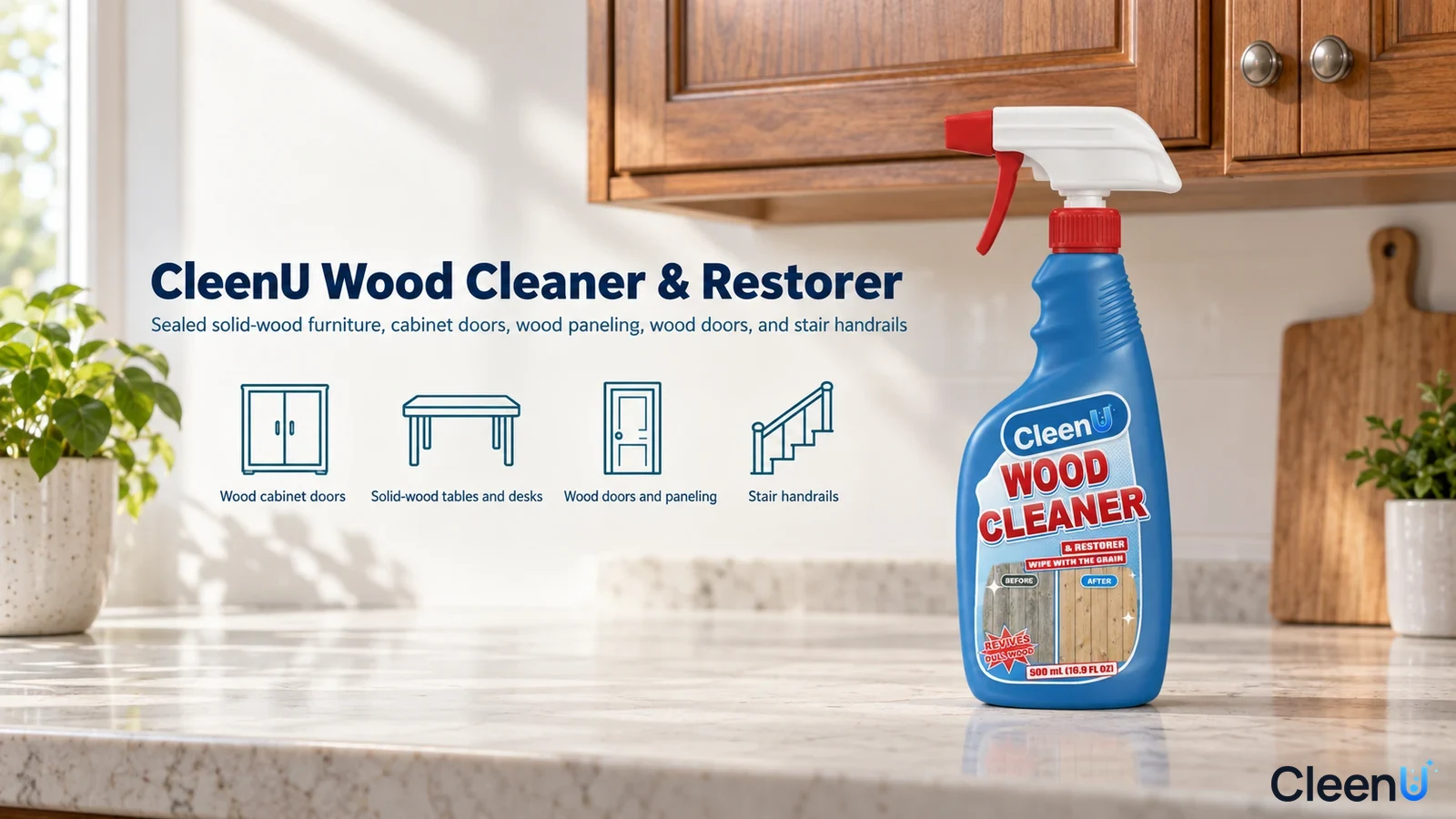 Illustration: A blue bottle on a kitchen counter in front of wooden cabinets with use icons.