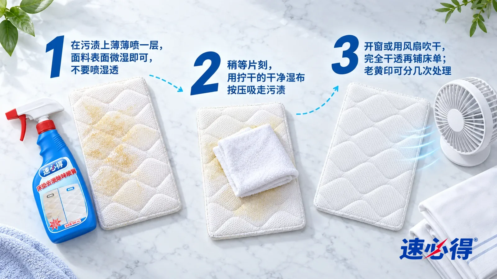 示意图:速必得床垫去渍除味喷雾——正上方俯拍的浅色大理石台面,不出现瓶子和手:① 一块带淡黄汗渍的白色绗缝床垫面料样块