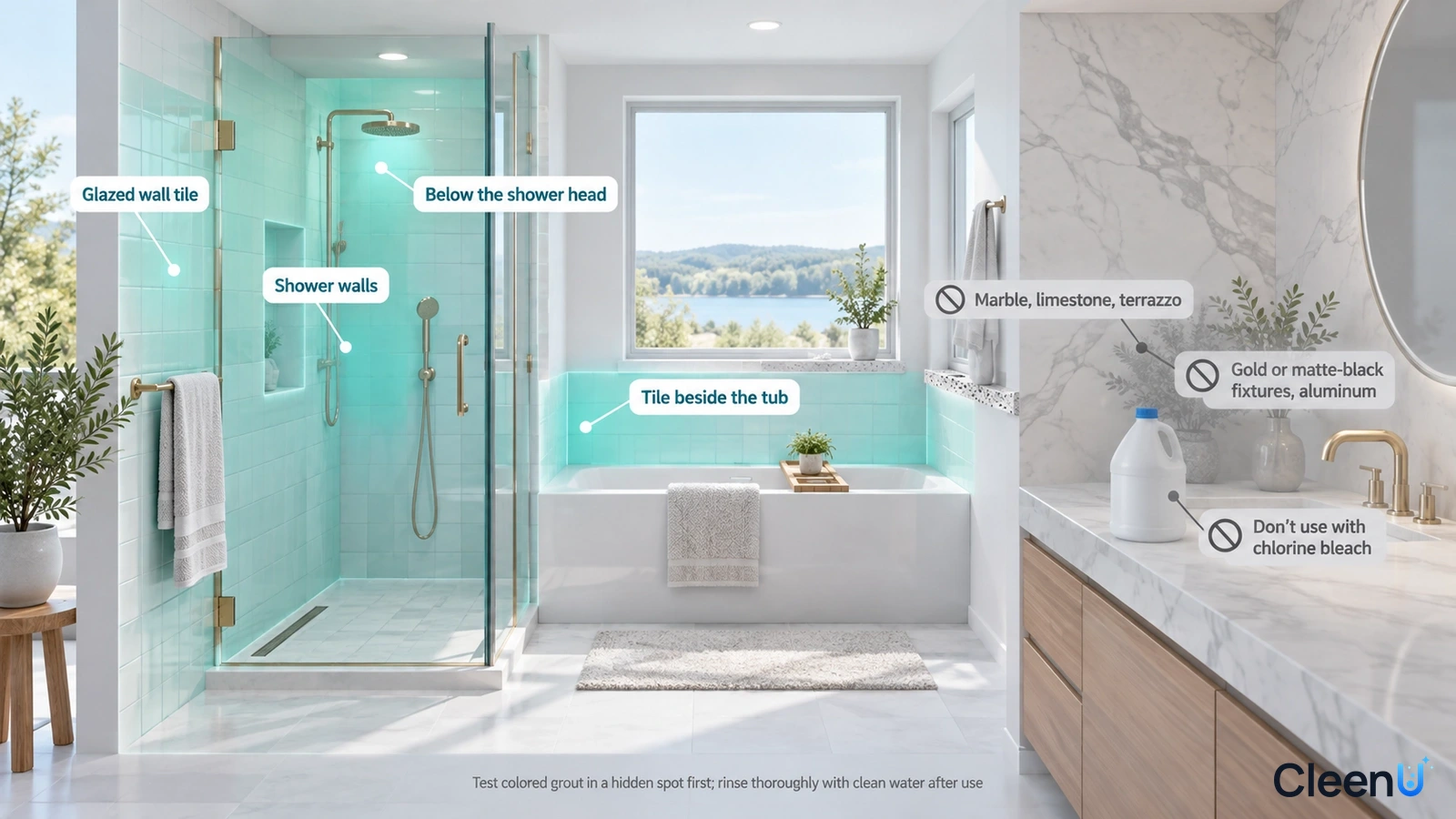 Illustration: Highlighted bathroom wall tile areas beside material and use precaution icons.