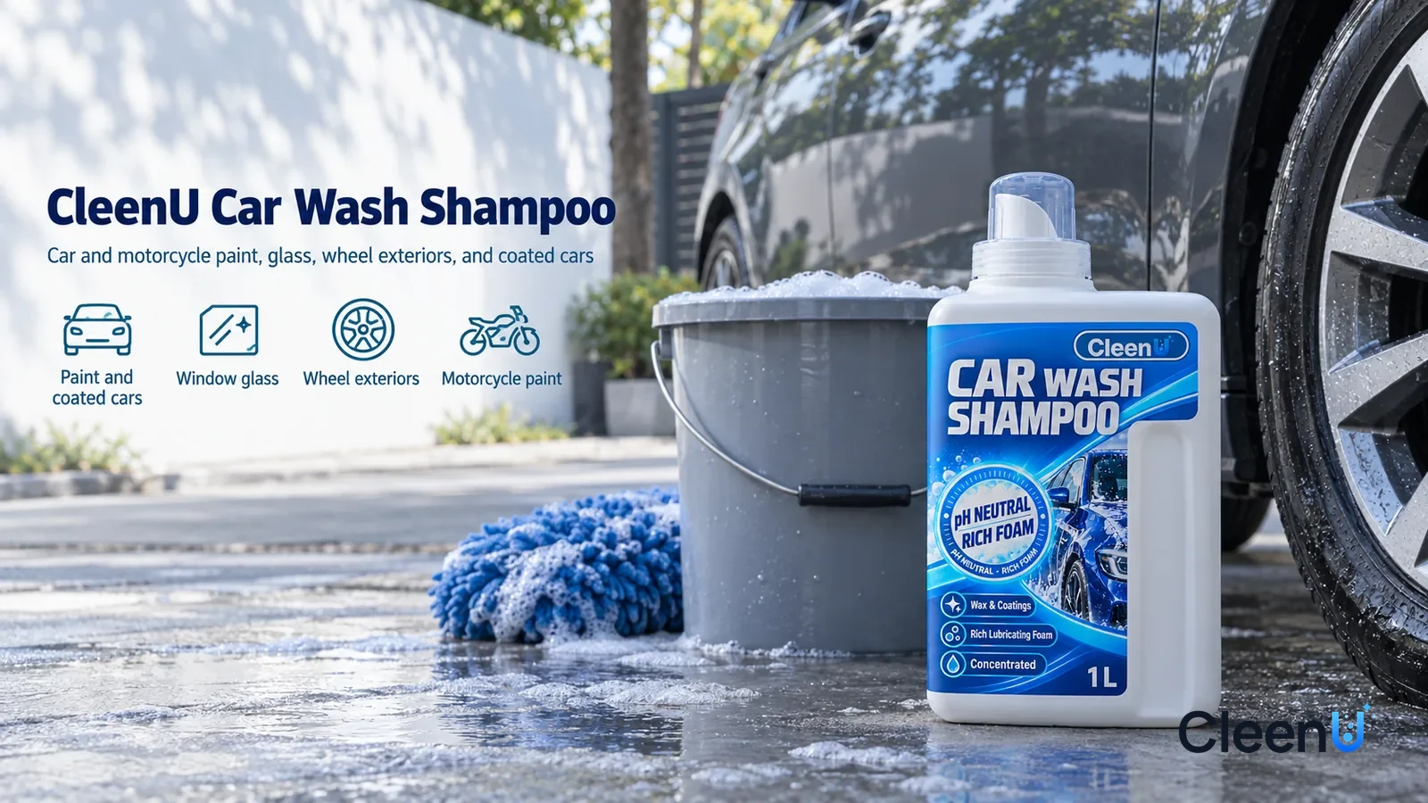 Illustration: CleenU Car Wash Shampoo — A home driveway under trees in the early morning, a side section of a dark grey sedan clean and glossy, reflecting tree shadows, no badge