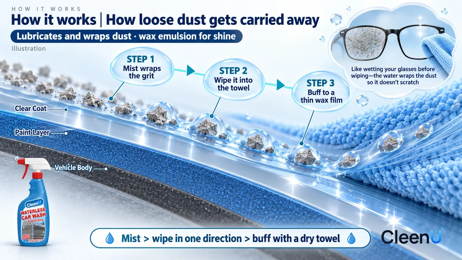 Illustration: CleenU Waterless Car Wash — an enormously magnified cross-section of automotive paint runs diagonally from upper left to lower right