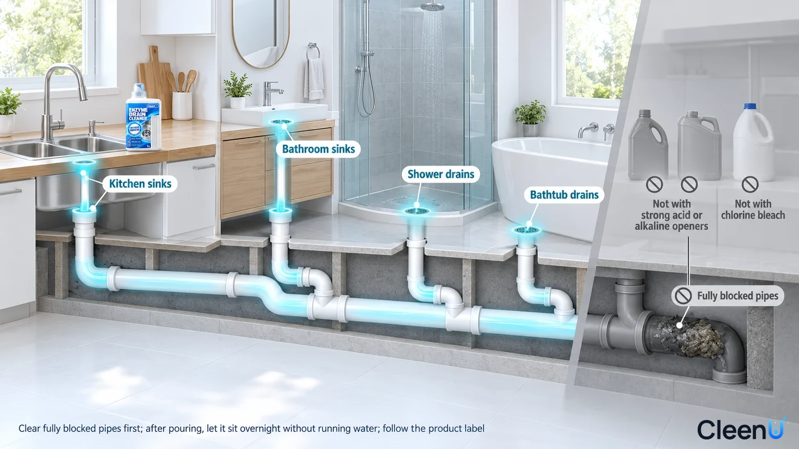 Illustration: Highlighted pipes beneath kitchen sink, basin, shower and bathtub beside drainage precautions.