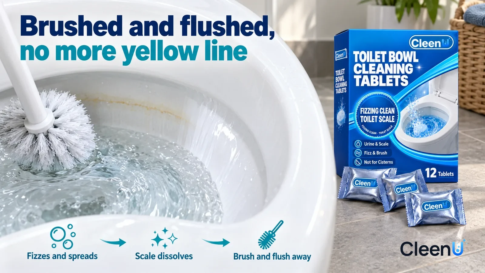 Illustration: CleenU Toilet Bowl Cleaning Tablets — a toilet brush has just passed the waterline and clean water is rushing down, the brushed area white, smooth, and evenly reflective