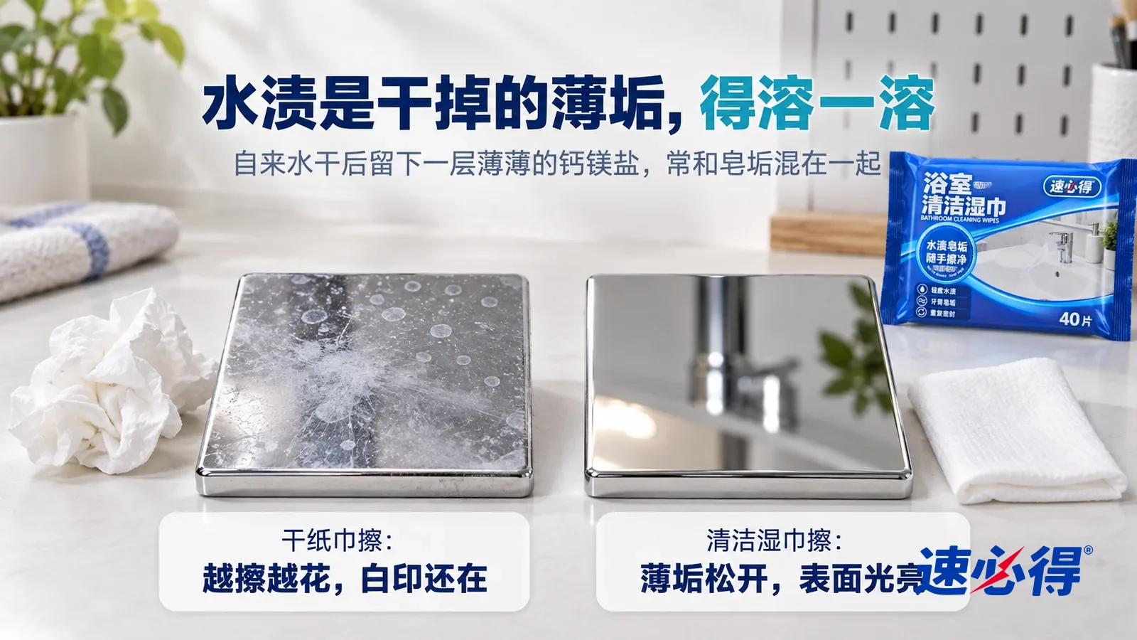 示意图：速必得浴室清洁湿巾——白色测试台上并排放着两块同样的镀铬金属样板，都带着一样的白色干水点，标题“水渍是干掉的薄垢，得溶一溶”