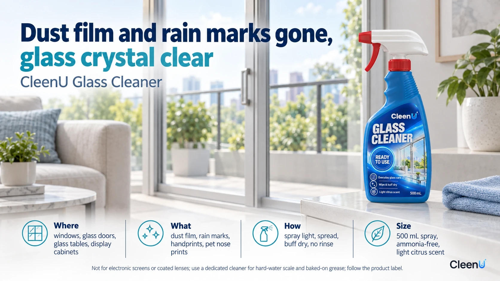 Glass-cleaner bottle and cloth with illustrated use, application and size information.