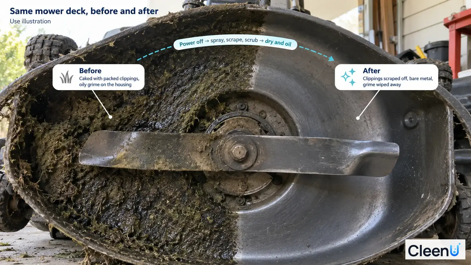 Illustration: Caked grass and mud beside exposed mower-deck metal; not a measured cleaning test.