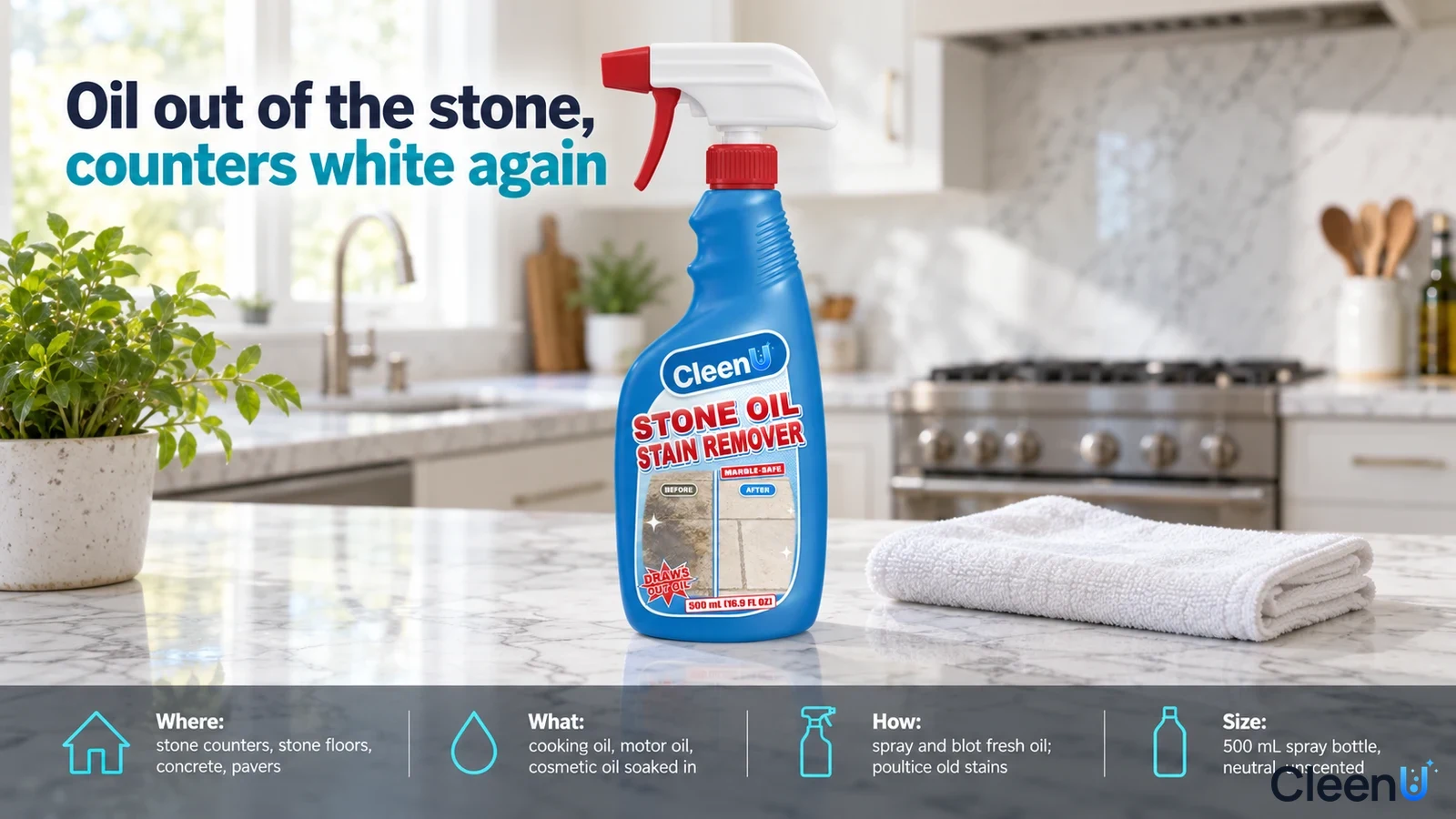 Illustration: A blue bottle and folded gray cloth on a light stone kitchen counter.