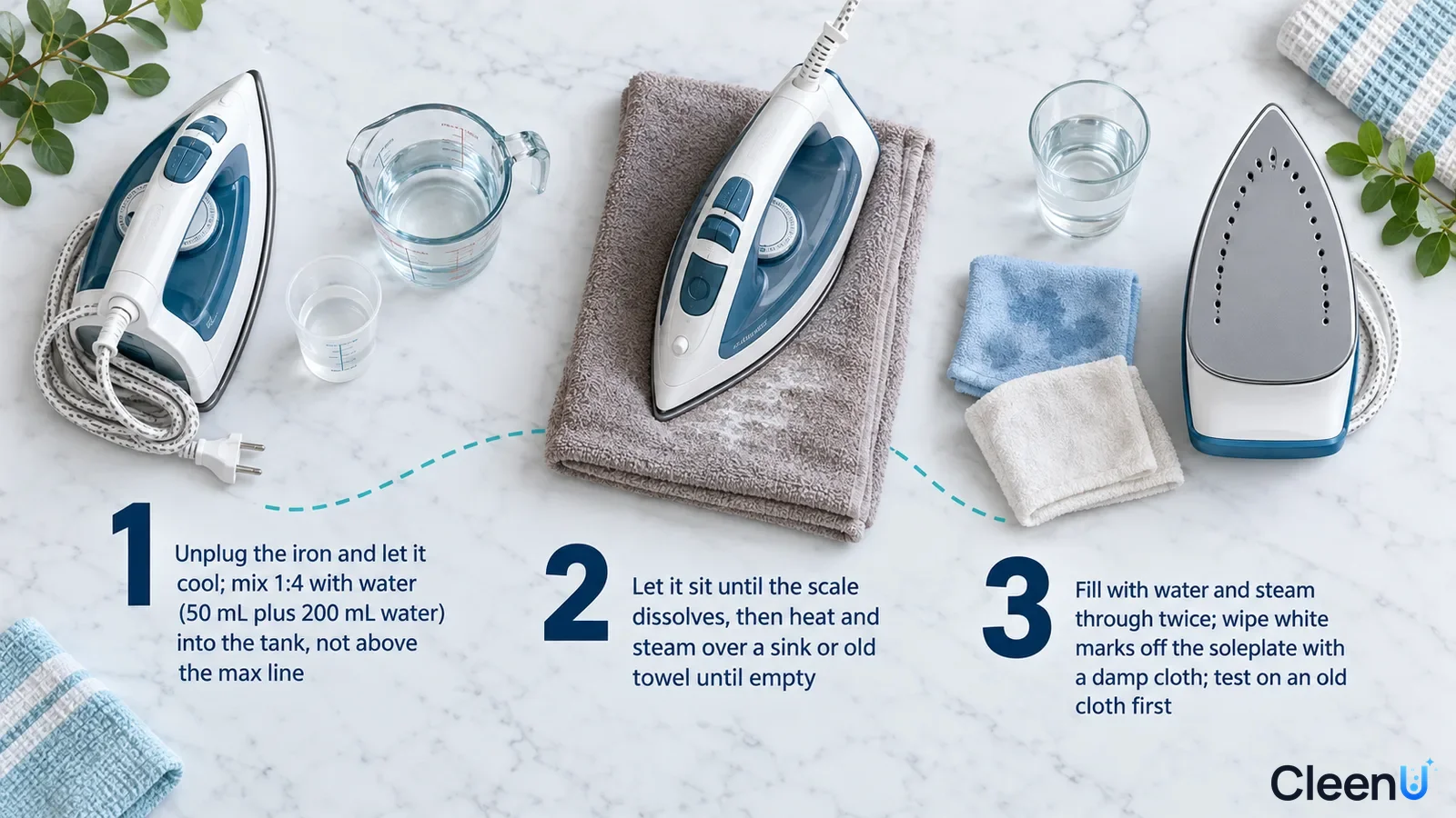 Illustration: Irons, glasses of water, folded towel and cloth with numbered steps.