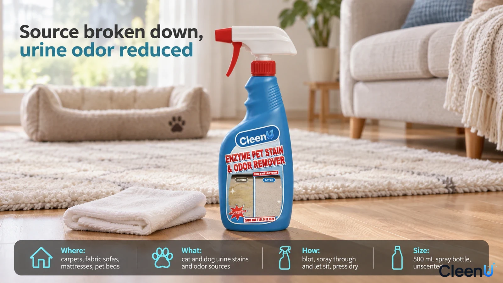 Illustration: A blue bottle and folded white cloth beside a pet bed and light carpet.